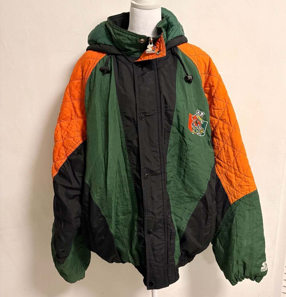 Vtg Starter Miami Hurricanes Zip Up Jacket Size XL  Puffer Hood Jacket